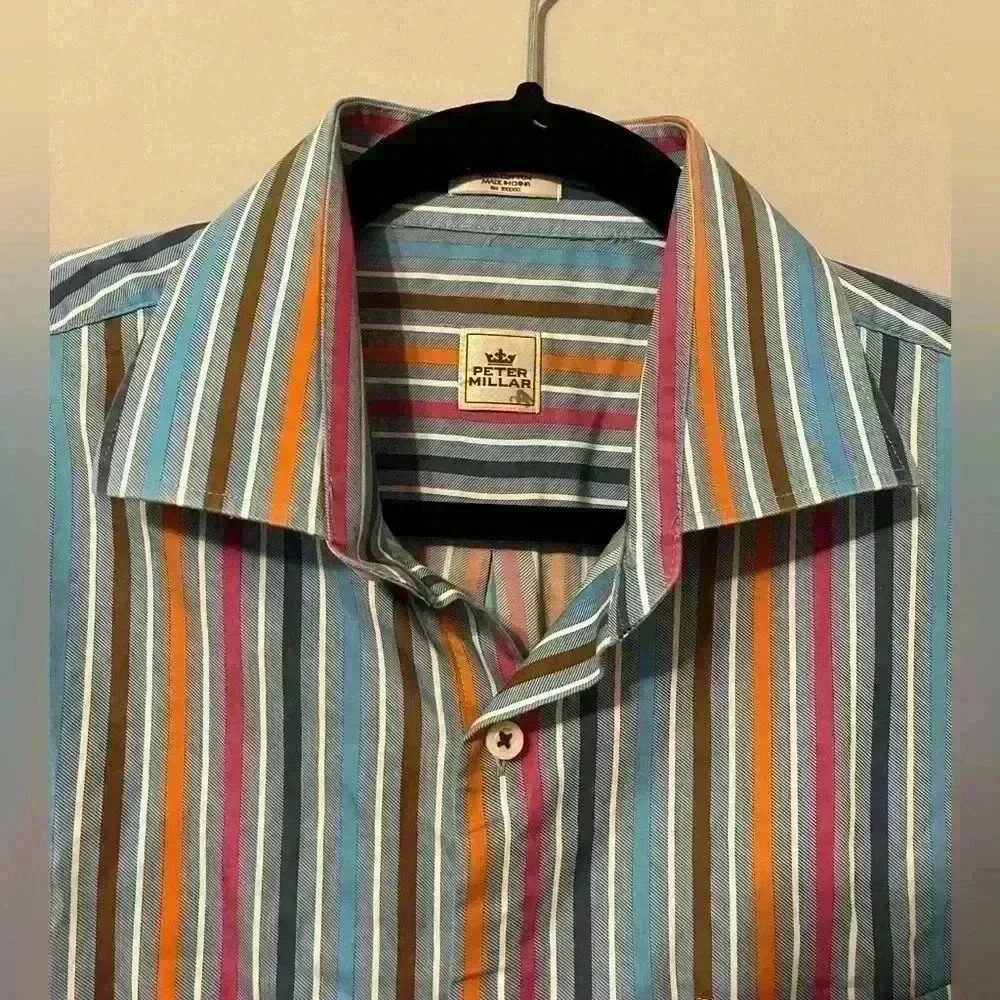 Peter Millar Striped 100% Cotton Button Down/Button Up Dress Shirt Size Medium - Picture 5 of 8